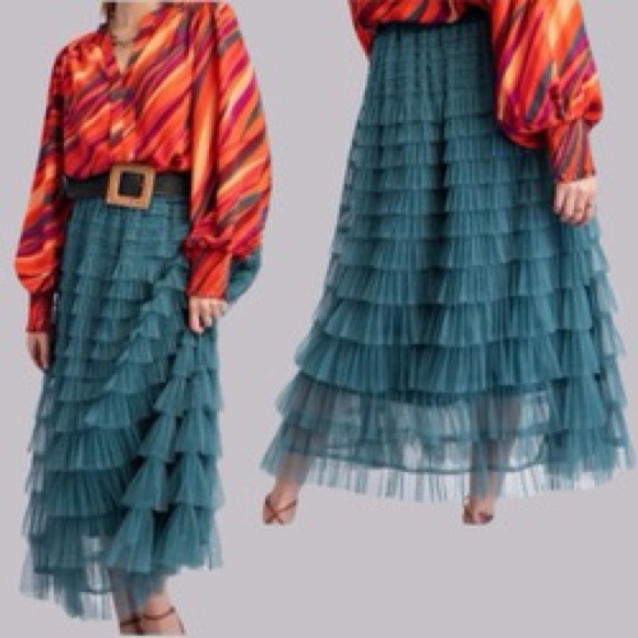 New in Fabulous Mesh Ruffle Faded Teal Maxi Skirt - Picture 3 of 7